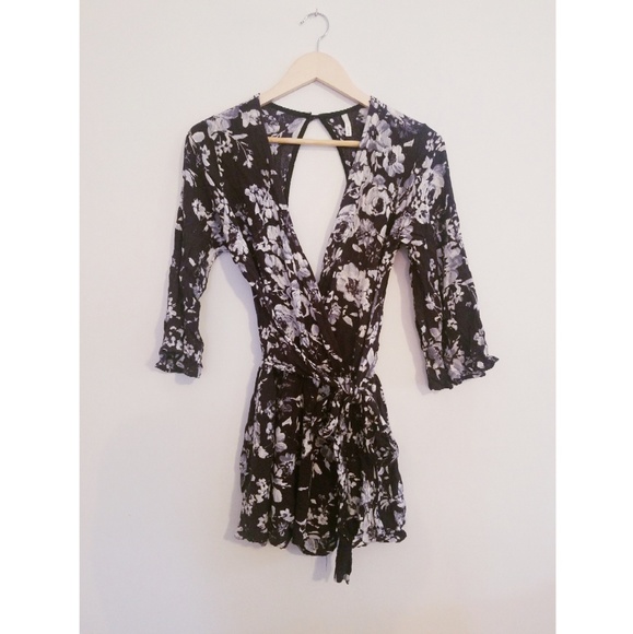 Sage Pants - Black and White Floral Wrap Romper